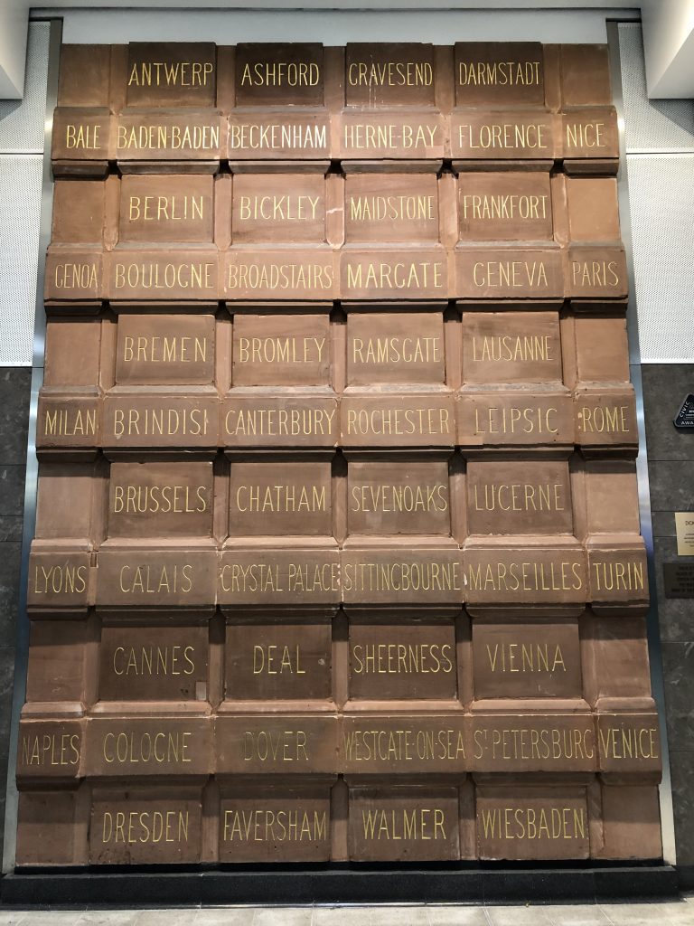 A wall of destinations in Blackfriars station